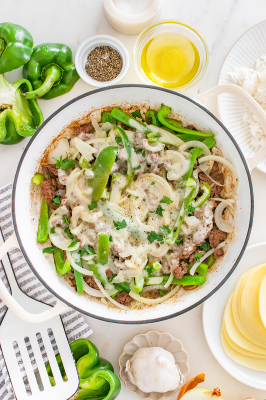 Exclusive One Pot Ground Beef Philly Cheesesteak