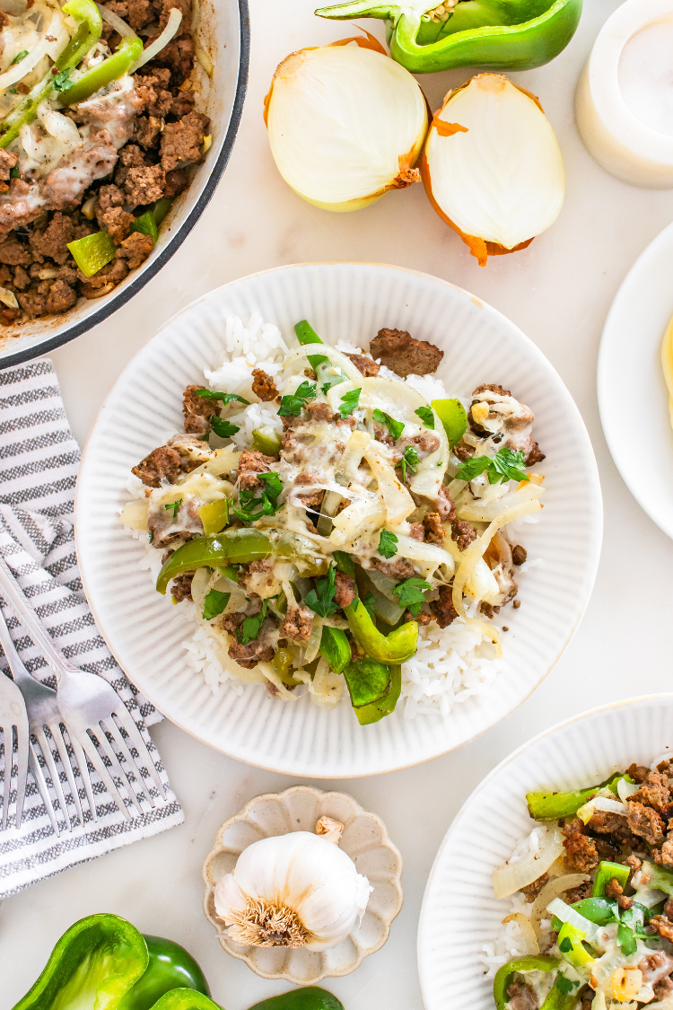 Exclusive One Pot Ground Beef Philly Cheesesteak